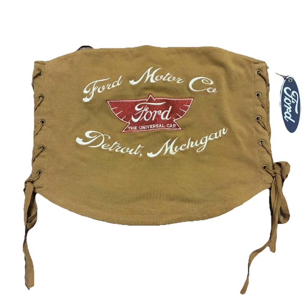 Vintage Ford Motor Co Lace Up Tube Top Brown Y2K Biker Graphic Detroit Michigan